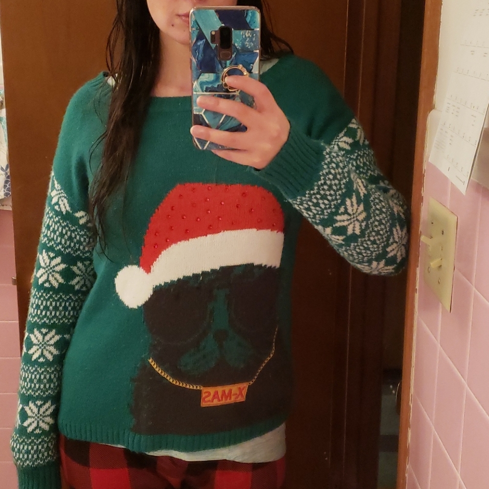 Green Xmas Christmas Cat Funny M Sweater